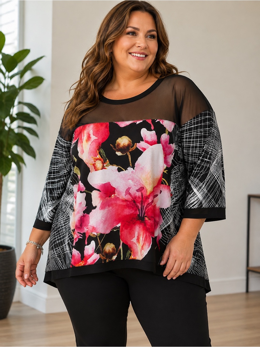 Joseph Ribkoff Black Top with Pink Floral Front and Mesh Yoke